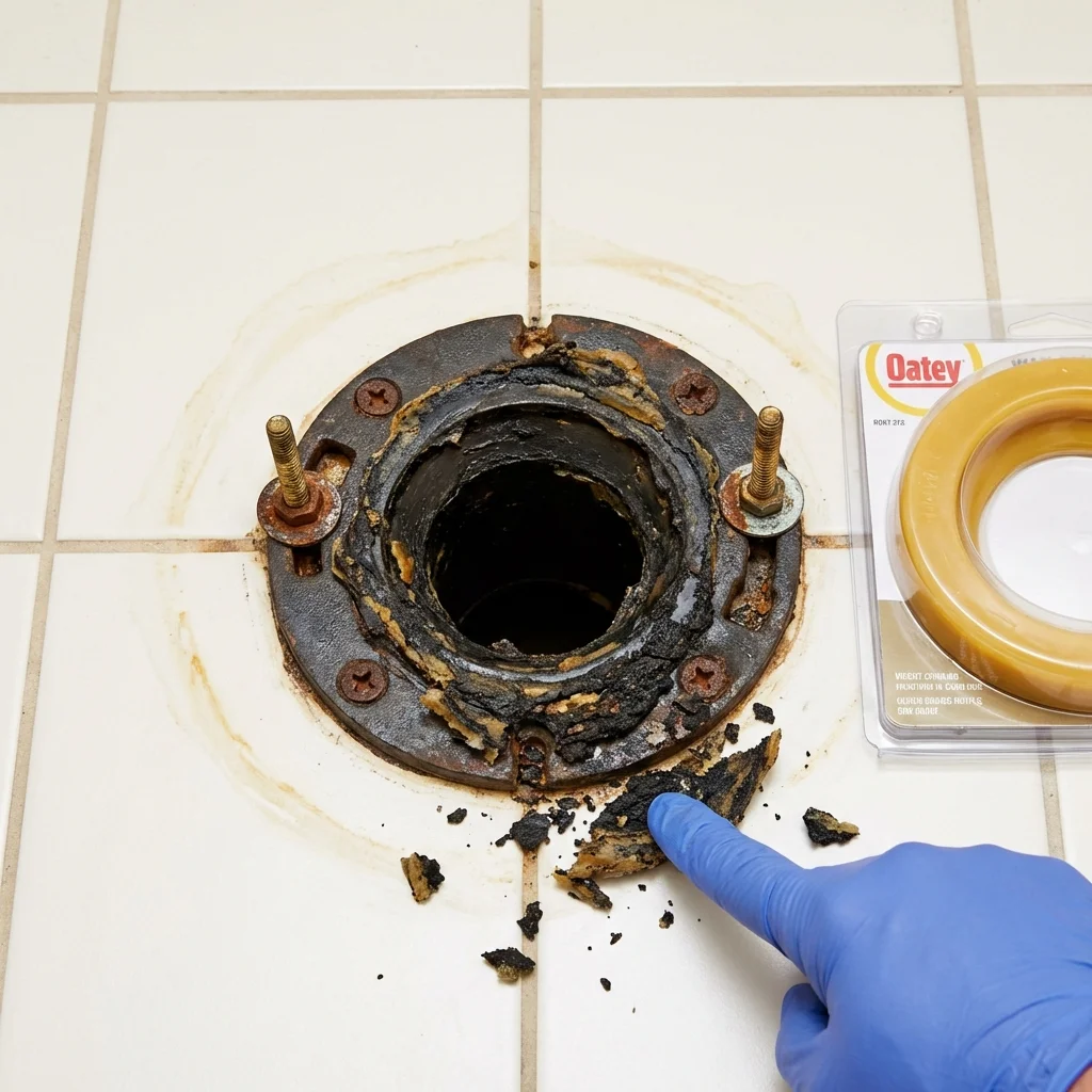 Failed wax ring showing water seepage at the base of a toilet in a Cloverdale, VA home